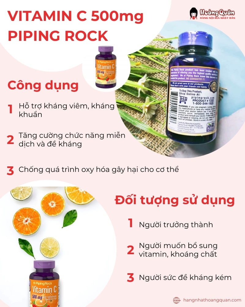 Vitamin C 500mg Piping Rock hỗ trợ bảo vệ sức khỏe