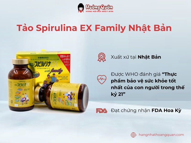 Tảo xoắn vàng Nhật Bản Spirulina EX Family 2000 viên được nhiều tổ chức công nhận