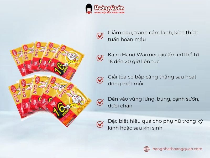 Công dụng miếng dán giữ ấm con thỏ Kairo Hand Warmer Nhật Bản