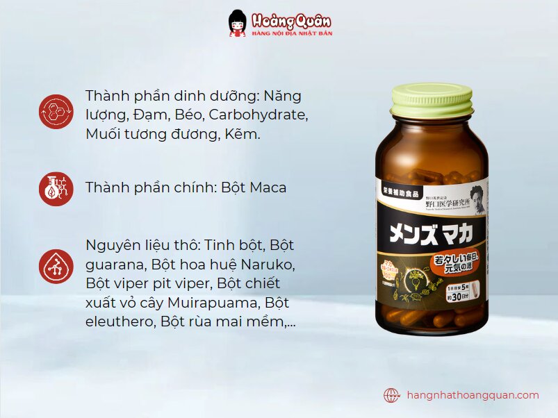 Thành phần chính của viên uống Men’s Maca Noguchi 150 viên