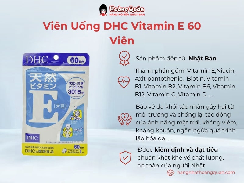 Viên uống DHC Vitamin E 60 viên chứa hàm lượng cao vitamin E dưới dạng d-alpha tocopherol