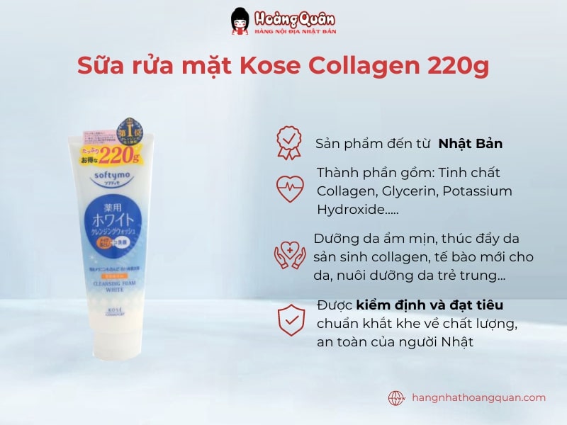 Sữa rửa mặt Kose Collagen 220g thuộc bộ ba sữa rửa mặt dạng kem tạo bọt được đánh giá số 1 tại Nhật Bản