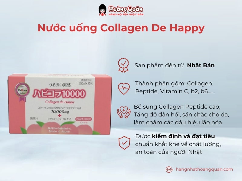 Nước uống Collagen De Happy 10.000mg (Hộp 10 chai x 50ml) cung cấp dưỡng chất nuôi dưỡng làn da tươi trẻ