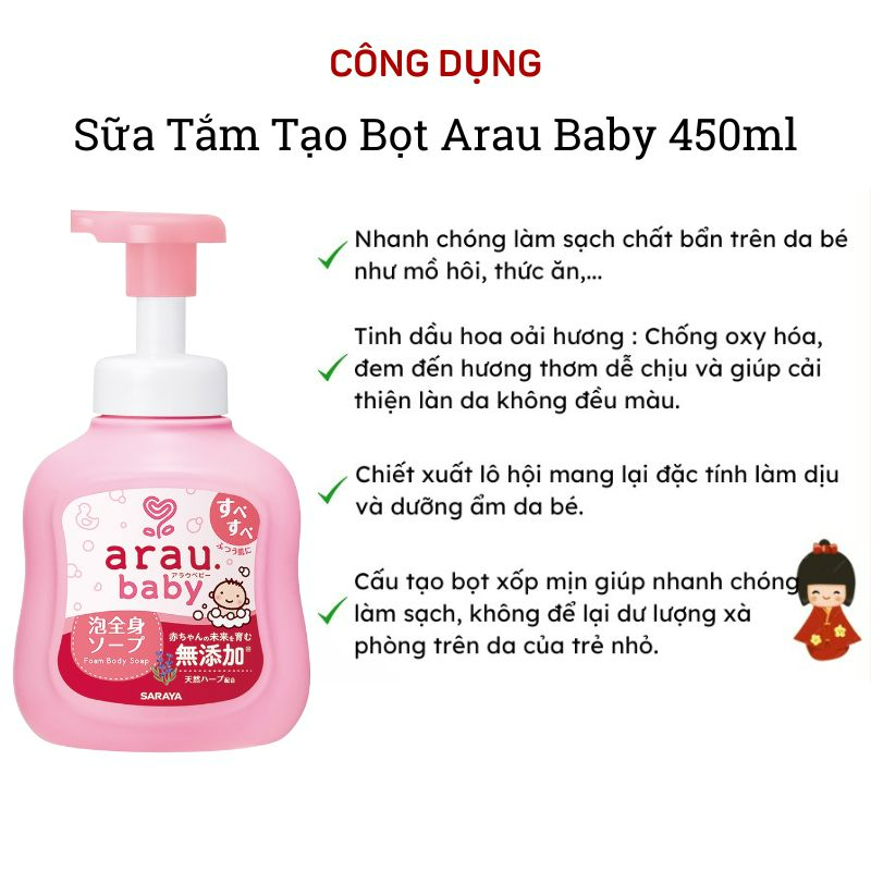 Sữa tắm gội thảo mộc tạo bọt Arau Nhật chai 450ml Sữa tắm gội thảo mộc tạo bọt Arau Nhật chai 450ml