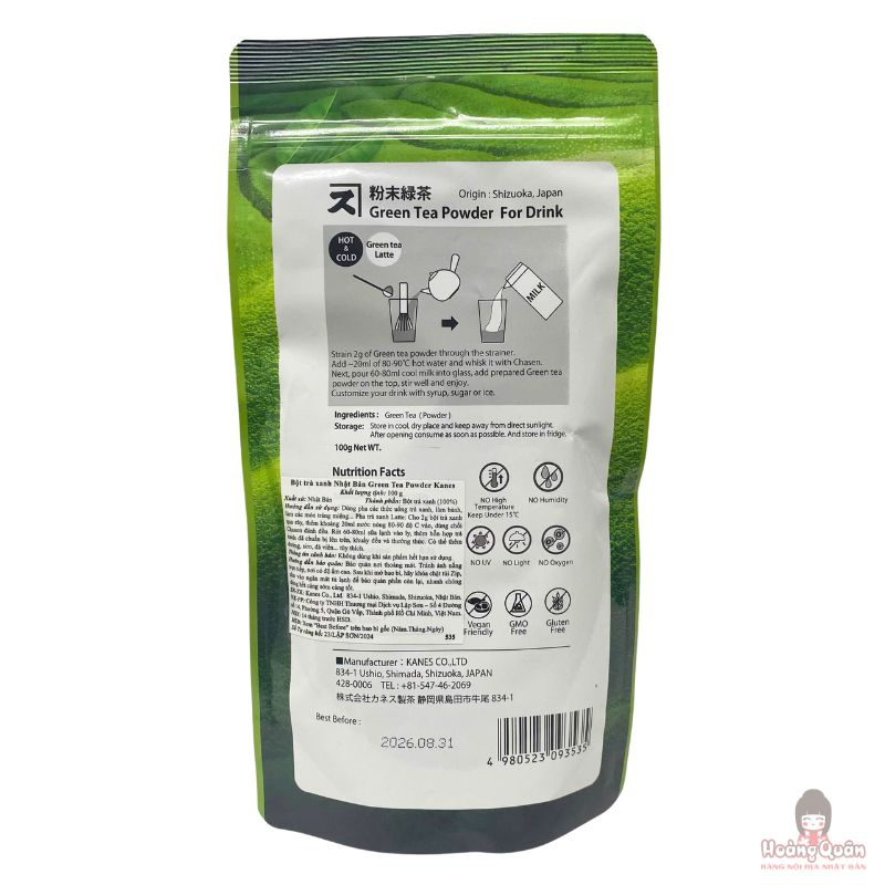 Bột trà xanh Nhật Bản Green Tea Powder Kanes 100g giá rẻ