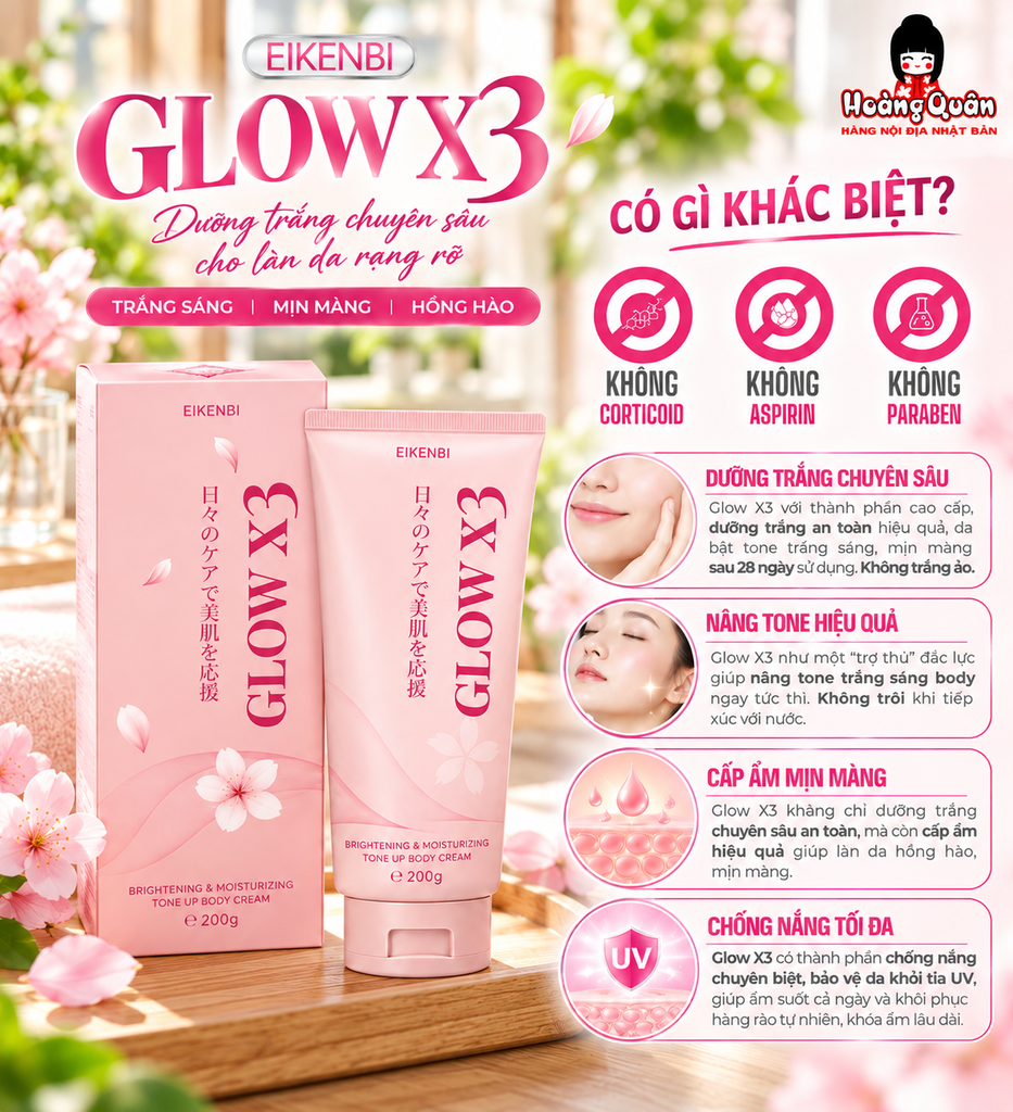 Kem Dưỡng Thể Nâng Tông Trắng Da, Dưỡng Ẩm Mềm Mịn Eikenbi Glow x3 200g