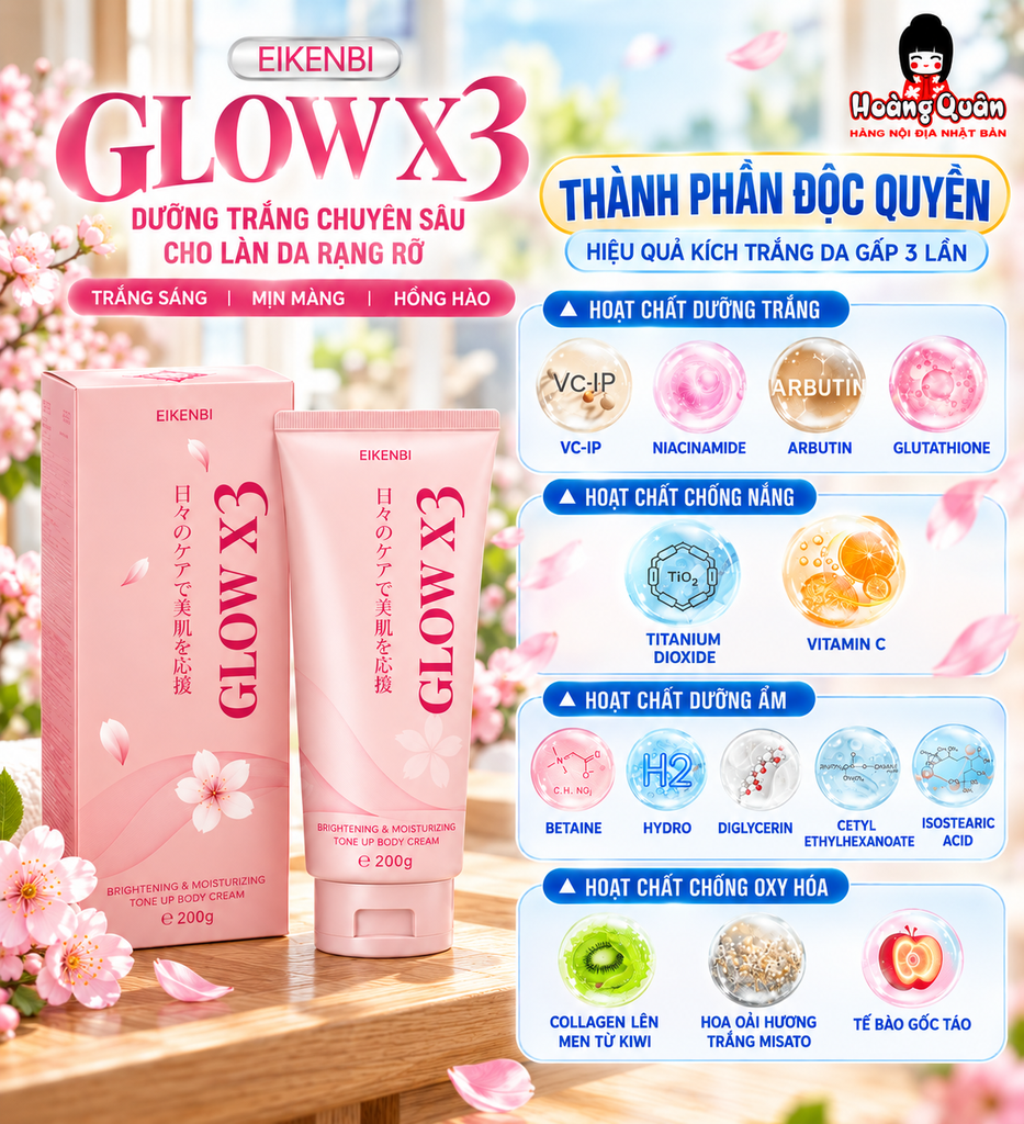 Kem Dưỡng Thể Nâng Tông Trắng Da, Dưỡng Ẩm Mềm Mịn Eikenbi Glow x3 200g