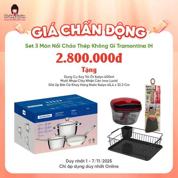 Set 3 Món Nồi Chảo Thép Không Gỉ Tramontina IH